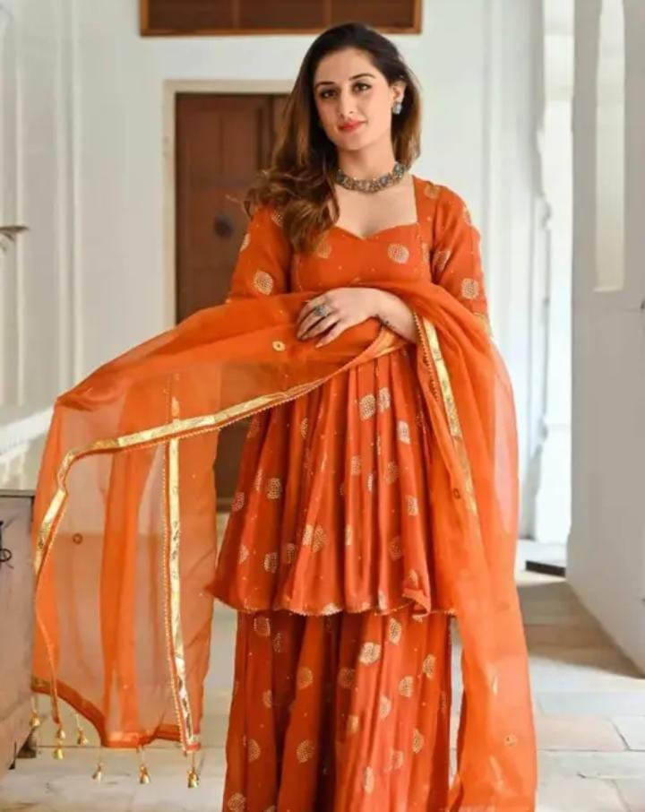 Rust Orange Kurti Set & Organe Dupatta | Festive Wear