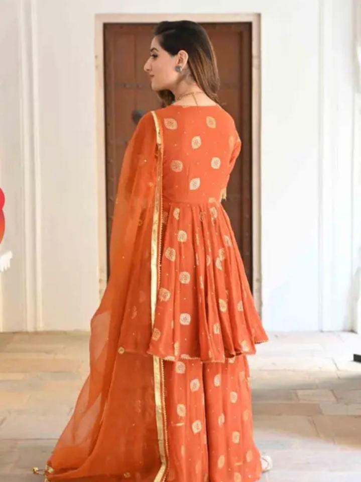 Rust Orange Kurti Set & Organe Dupatta | Festive Wear
