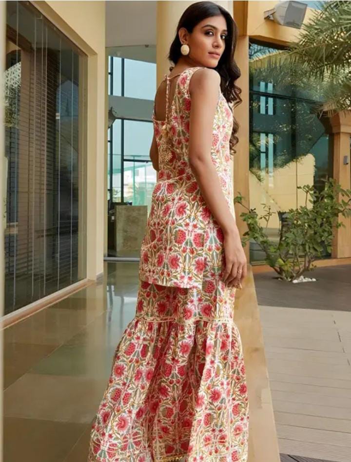 White & Pink Sleeveless Kurti with Wide-Leg Palazzo | Floral Ethnic Set | Festive Wear