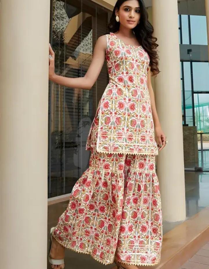 White & Pink Sleeveless Kurti with Wide-Leg Palazzo | Floral Ethnic Set | Festive Wear