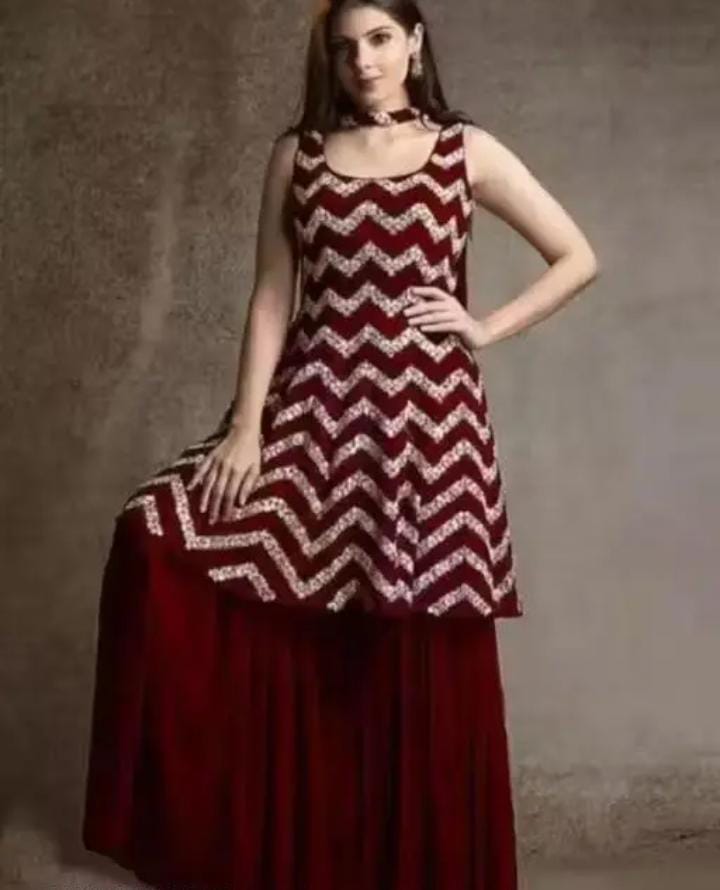 Elegant Maroon Velvet Sleeveless Kurti with Sequined Zigzag Design & Palazzo